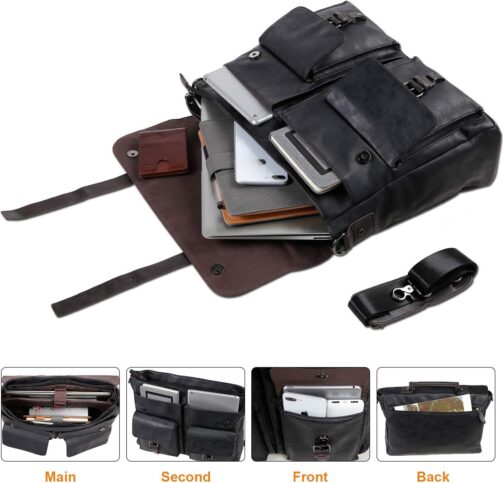 Men's Vintage Leather Messenger Bag, 15.6" Laptop Briefcase Satchel - Image 6