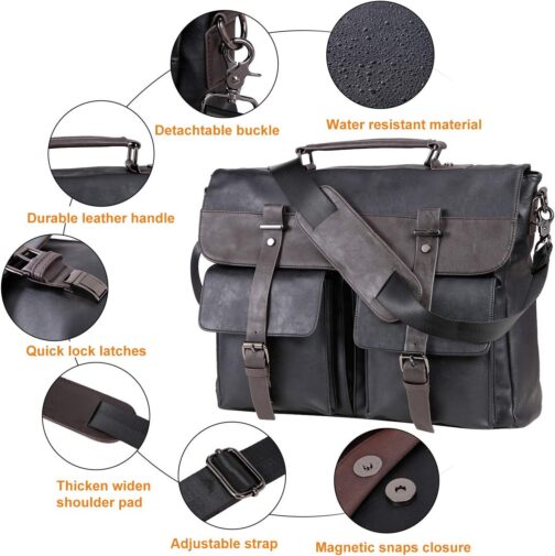 Men's Vintage Leather Messenger Bag, 15.6" Laptop Briefcase Satchel - Image 5