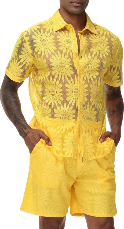 LecGee Men Summer Casual Short Sets Lace Short Sleeve Button Down Shirt Elastic Waist Shorts 2 Piece Outfits Tracksuit - Image 3