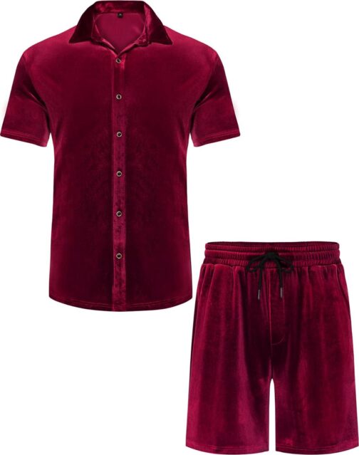 LecGee Men Summer Casual Short Sets Velvet Short Sleeve Button Down Shirt Elastic Waist Shorts 2 Piece Outfits Tracksuit - Image 4
