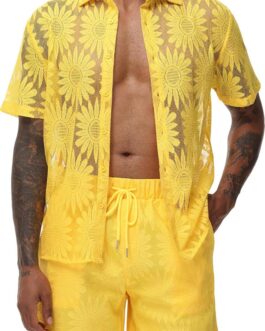 LecGee Men Summer Casual Short Sets Lace Short Sleeve Button Down Shirt Elastic Waist Shorts 2 Piece Outfits Tracksuit