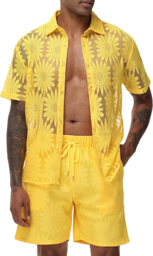 LecGee Men Summer Casual Short Sets Lace Short Sleeve Button Down Shirt Elastic Waist Shorts 2 Piece Outfits Tracksuit