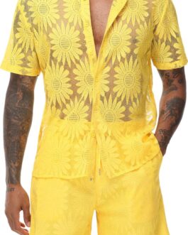 LecGee Men Summer Casual Short Sets Lace Short Sleeve Button Down Shirt Elastic Waist Shorts 2 Piece Outfits Tracksuit