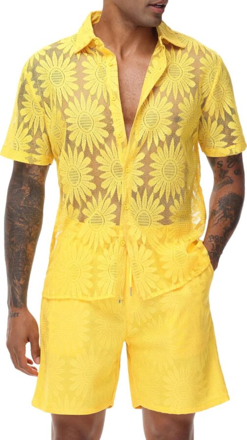 LecGee Men Summer Casual Short Sets Lace Short Sleeve Button Down Shirt Elastic Waist Shorts 2 Piece Outfits Tracksuit - Image 2