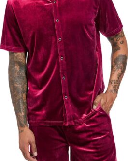 LecGee Men Summer Casual Short Sets Velvet Short Sleeve Button Down Shirt Elastic Waist Shorts 2 Piece Outfits Tracksuit