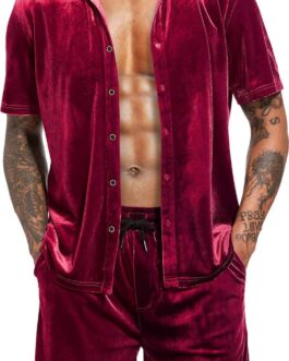 LecGee Men Summer Casual Short Sets Velvet Short Sleeve Button Down Shirt Elastic Waist Shorts 2 Piece Outfits Tracksuit