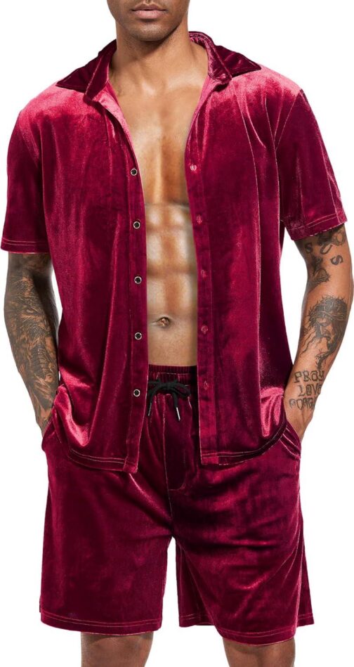 LecGee Men Summer Casual Short Sets Velvet Short Sleeve Button Down Shirt Elastic Waist Shorts 2 Piece Outfits Tracksuit