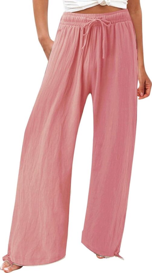 Linen Pants Women Comfy Flowy Wide Leg Pants Trousers Summer High Waisted Beach Palazzo Pants with Pockets 2024