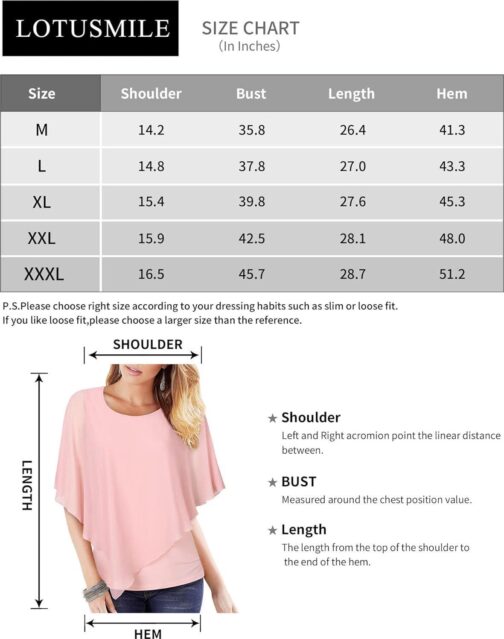 Lotusmile Women's Lightweight Flowy Shirt Double-Layered Printed Chiffon Poncho Blouse Top - Image 4