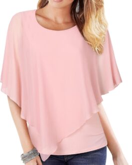 Lotusmile Women’s Lightweight Flowy Shirt Double-Layered Printed Chiffon Poncho Blouse Top
