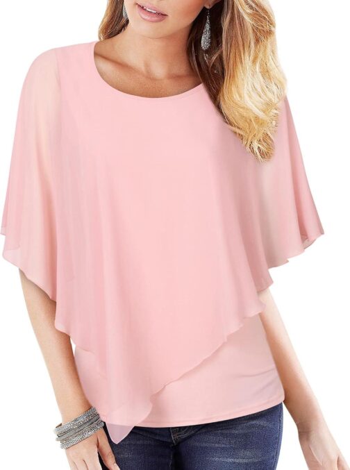 Lotusmile Women's Lightweight Flowy Shirt Double-Layered Printed Chiffon Poncho Blouse Top