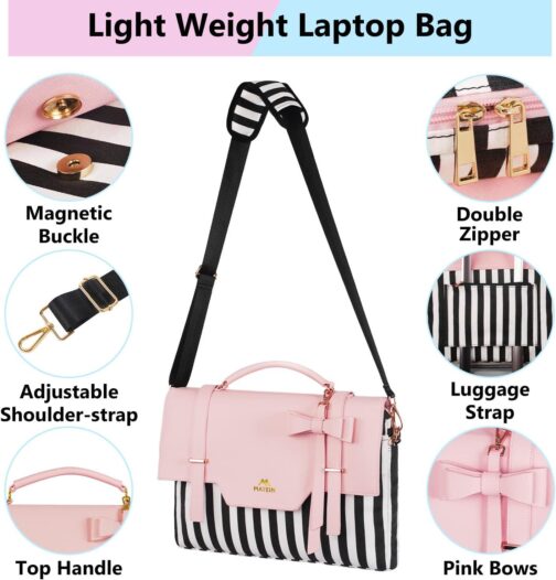 MATEIN Laptop Bag for Women, 15.6 inch Slim Computer Briefcase Sleeve Case, Lightweight Cute Girly Messenger Shoulder Carrying Work Tote Bag with Rfid Pocket, Sister Gifts for School Girl Office, Pink - Image 2