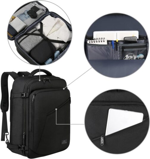 MATEIN Mens Travel Backpack, 27L Lightweight Carry on Backpack for Women, Expandable Business Backpacks, Waterproof Hiking Backpack for Outdoor Sports Rucksack Casual Daypack, Travel Essential, Black - Image 6