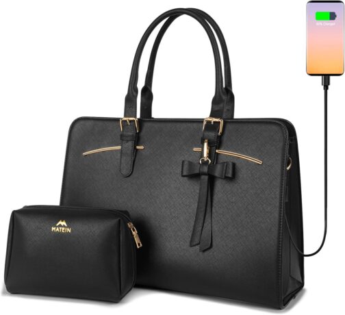MATEIN Womens Briefcase, Large Waterproof PU Leather Work Laptop Tote Bag with USB Charging Port Casual Computer Shoulder Bag Messenger fits 15.6 Inch, Business Handbag Satchel Purse 2pcs Set,Black