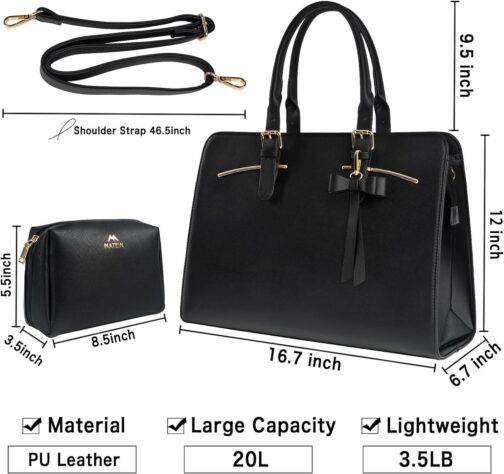 MATEIN Womens Briefcase, Large Waterproof PU Leather Work Laptop Tote Bag with USB Charging Port Casual Computer Shoulder Bag Messenger fits 15.6 Inch, Business Handbag Satchel Purse 2pcs Set,Black - Image 3