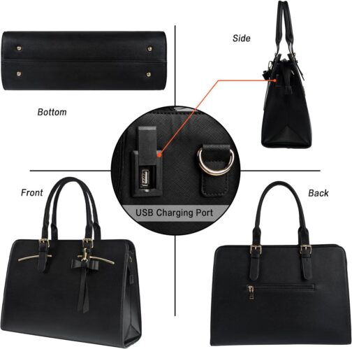 MATEIN Womens Briefcase, Large Waterproof PU Leather Work Laptop Tote Bag with USB Charging Port Casual Computer Shoulder Bag Messenger fits 15.6 Inch, Business Handbag Satchel Purse 2pcs Set,Black - Image 4