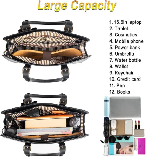 MATEIN Womens Briefcase, Large Waterproof PU Leather Work Laptop Tote Bag with USB Charging Port Casual Computer Shoulder Bag Messenger fits 15.6 Inch, Business Handbag Satchel Purse 2pcs Set,Black - Image 2