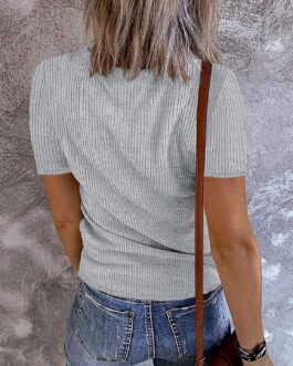 MEROKEETY Women’s Short Sleeve V Neck Ribbed Knit Button T Shirts Henley Solid Color Summer Tops