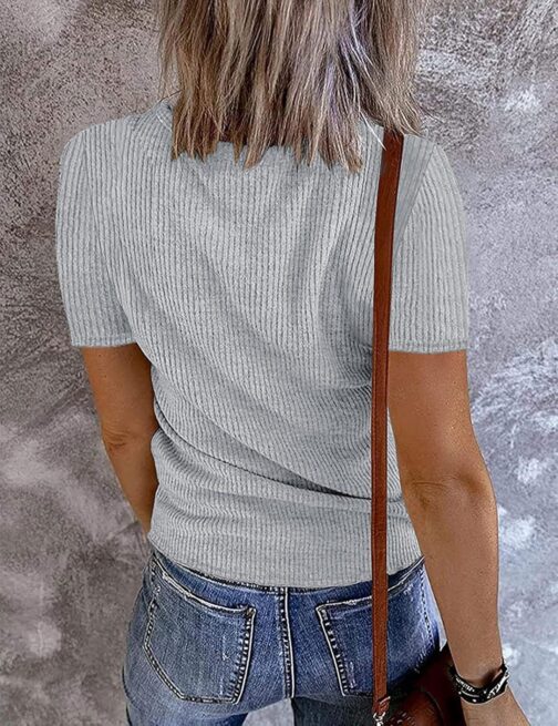 MEROKEETY Women's Short Sleeve V Neck Ribbed Knit Button T Shirts Henley Solid Color Summer Tops - Image 2