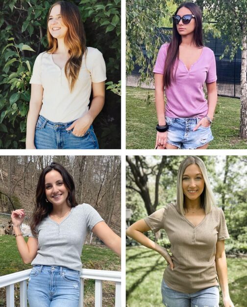 MEROKEETY Women's Short Sleeve V Neck Ribbed Knit Button T Shirts Henley Solid Color Summer Tops - Image 5