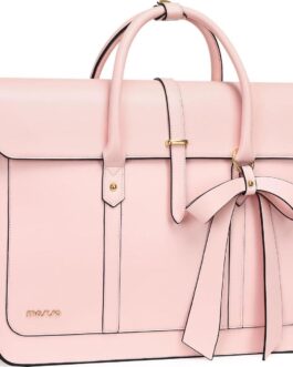 MOSISO Laptop Bag for Women, 15-15.6 inch PU Leather Laptop Shoulder Bag Convertible Backpack, 16 inch Messenger Bag Casual Handbag Work Briefcase Travel Computer Bag with Bowknot, Pink