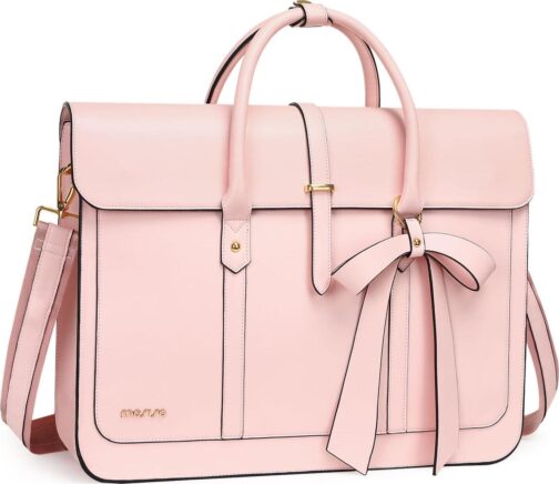 MOSISO Laptop Bag for Women, 15-15.6 inch PU Leather Laptop Shoulder Bag Convertible Backpack, 16 inch Messenger Bag Casual Handbag Work Briefcase Travel Computer Bag with Bowknot, Pink