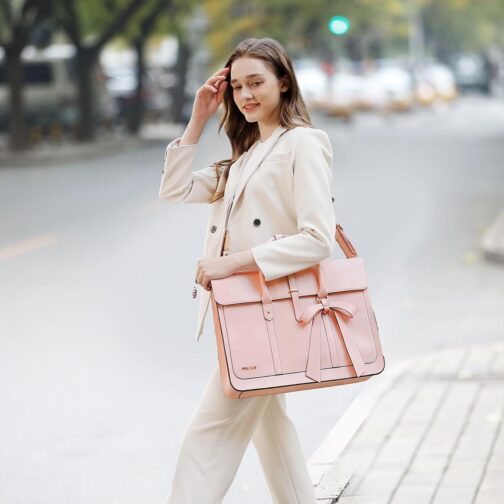 MOSISO Laptop Bag for Women, 15-15.6 inch PU Leather Laptop Shoulder Bag Convertible Backpack, 16 inch Messenger Bag Casual Handbag Work Briefcase Travel Computer Bag with Bowknot, Pink - Image 4