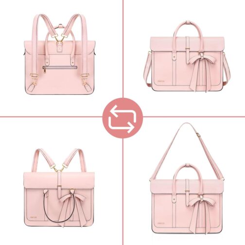 MOSISO Laptop Bag for Women, 15-15.6 inch PU Leather Laptop Shoulder Bag Convertible Backpack, 16 inch Messenger Bag Casual Handbag Work Briefcase Travel Computer Bag with Bowknot, Pink - Image 6