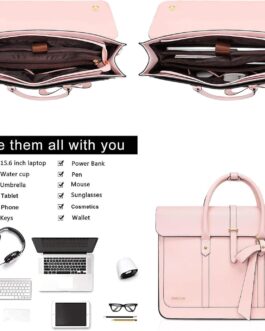 MOSISO Laptop Bag for Women, 15-15.6 inch PU Leather Laptop Shoulder Bag Convertible Backpack, 16 inch Messenger Bag Casual Handbag Work Briefcase Travel Computer Bag with Bowknot, Pink