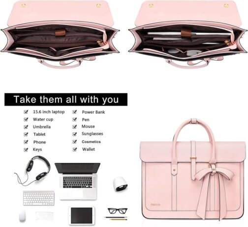 MOSISO Laptop Bag for Women, 15-15.6 inch PU Leather Laptop Shoulder Bag Convertible Backpack, 16 inch Messenger Bag Casual Handbag Work Briefcase Travel Computer Bag with Bowknot, Pink - Image 2
