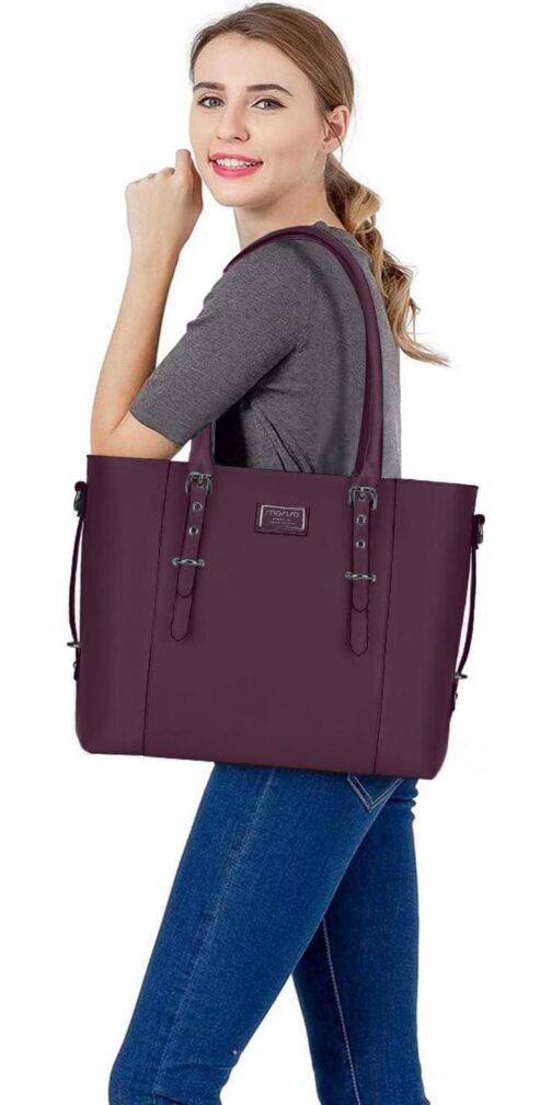 MOSISO PU Leather Laptop Tote Bag for Women (17-17.3 inch), Plum - Image 5