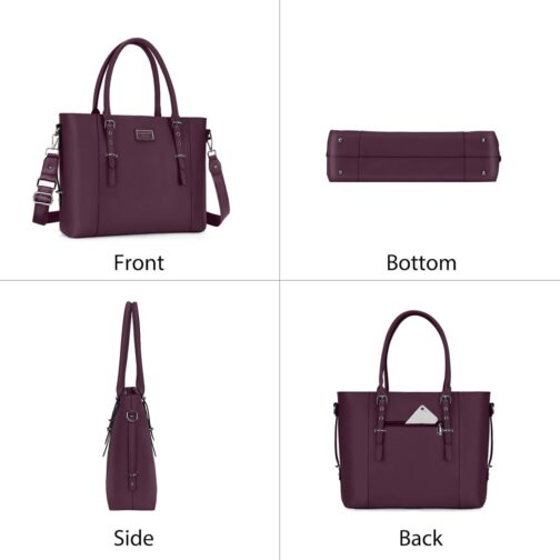 MOSISO PU Leather Laptop Tote Bag for Women (17-17.3 inch), Plum - Image 4