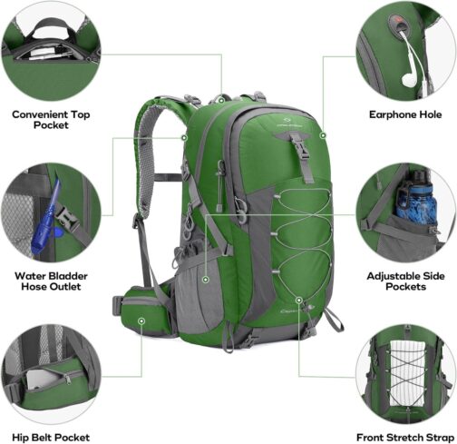 Maelstrom Hiking Backpack,Camping Backpack,40L Waterproof Hiking Daypack with Rain Cover,Lightweight Travel Backpack,Green - Image 3