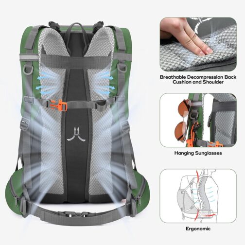 Maelstrom Hiking Backpack,Camping Backpack,40L Waterproof Hiking Daypack with Rain Cover,Lightweight Travel Backpack,Green - Image 5