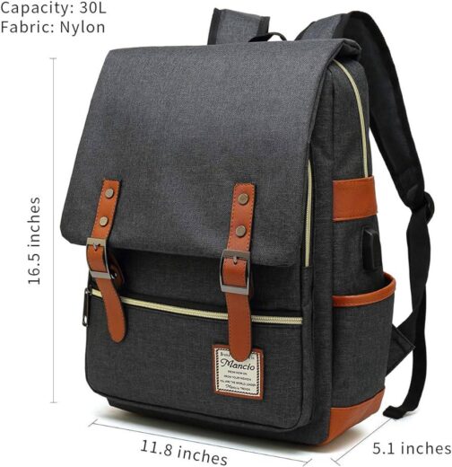Mancio Vintage Laptop Backpack with USB Charging Port, Slim Tear Resistant Business Backpack for Travelling, College, Daypacks for Men,Women, Fits up to 15.6Inch Notebook in Black - Image 2