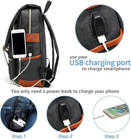 Mancio Vintage Laptop Backpack with USB Charging Port, Slim Tear Resistant Business Backpack for Travelling, College, Daypacks for Men,Women, Fits up to 15.6Inch Notebook in Black - Image 3