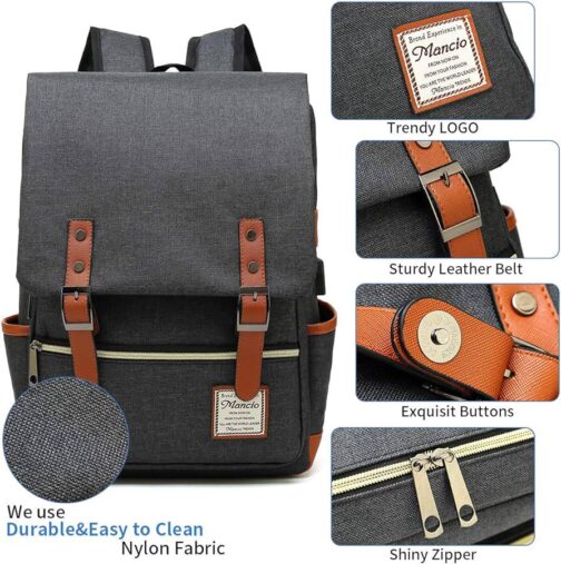 Mancio Vintage Laptop Backpack with USB Charging Port, Slim Tear Resistant Business Backpack for Travelling, College, Daypacks for Men,Women, Fits up to 15.6Inch Notebook in Black - Image 5