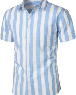Men’s Summer Casual Cotton Linen Striped Shirt Button Down Short Sleeve Shirts