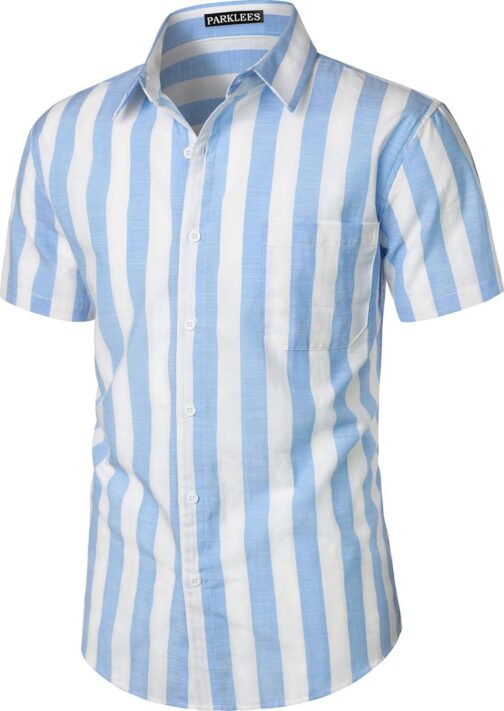 Men's Summer Casual Cotton Linen Striped Shirt Button Down Short Sleeve Shirts - Image 2