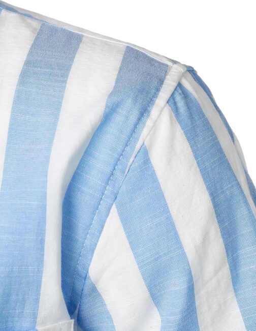Men's Summer Casual Cotton Linen Striped Shirt Button Down Short Sleeve Shirts - Image 4
