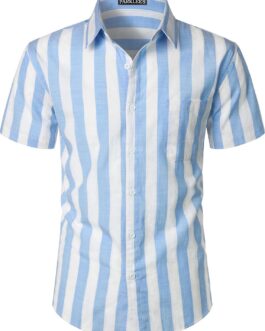 Men’s Summer Casual Cotton Linen Striped Shirt Button Down Short Sleeve Shirts