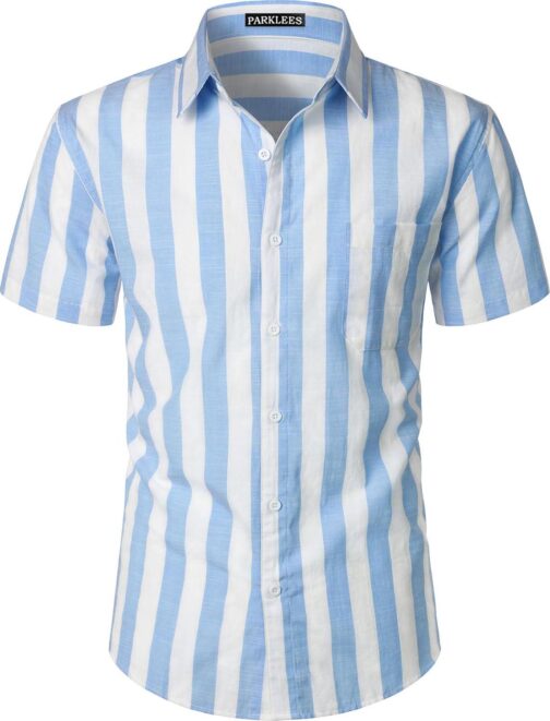 Men's Summer Casual Cotton Linen Striped Shirt Button Down Short Sleeve Shirts