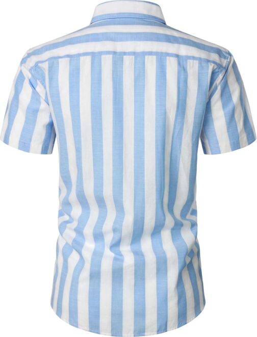 Men's Summer Casual Cotton Linen Striped Shirt Button Down Short Sleeve Shirts - Image 3
