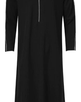Men’s V-Neck Linen Robe Short Sleeve Long Gown Roll Up Side Split Kaftan Thobe with Pockets Casual Shirt for Beach