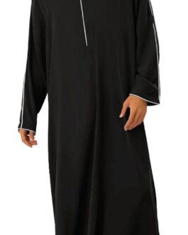 Men’s V-Neck Linen Robe Short Sleeve Long Gown Roll Up Side Split Kaftan Thobe with Pockets Casual Shirt for Beach