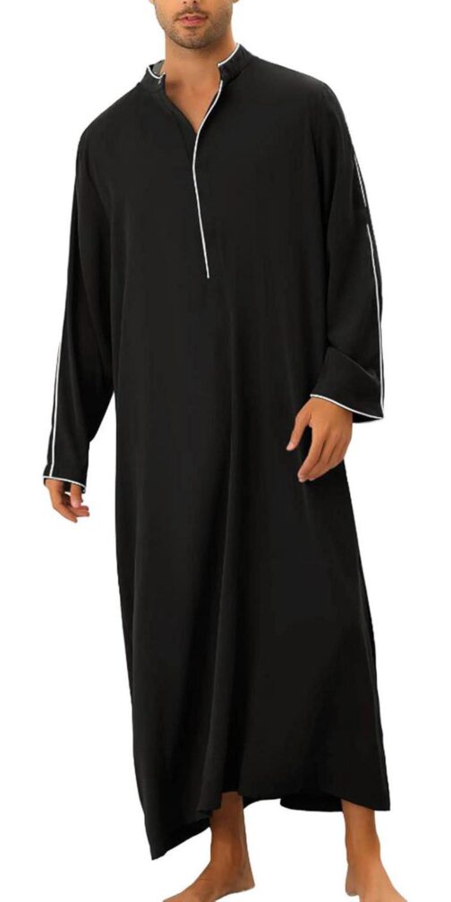 Men's V-Neck Linen Robe Short Sleeve Long Gown Roll Up Side Split Kaftan Thobe with Pockets Casual Shirt for Beach