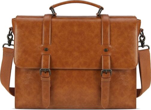 Mens Messenger Bag Vintage 15.6 Inch Waterproof Leather Laptop Briefcase Large Satchel Shoulder Bag Retro Office College Computer Bag, Brown