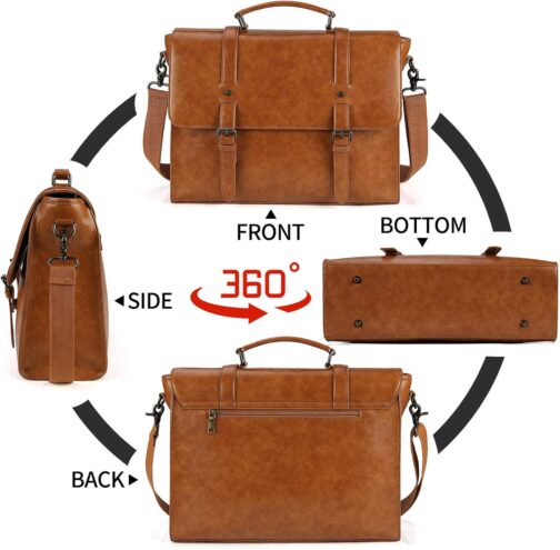 Mens Messenger Bag Vintage 15.6 Inch Waterproof Leather Laptop Briefcase Large Satchel Shoulder Bag Retro Office College Computer Bag, Brown - Image 5