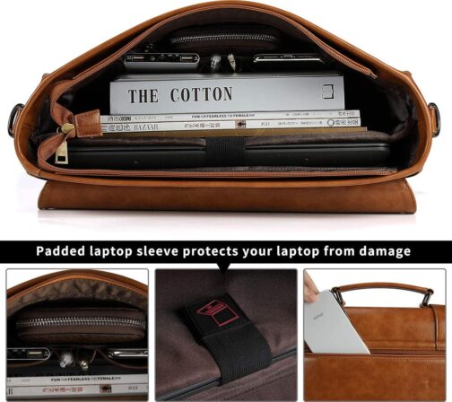 Mens Messenger Bag Vintage 15.6 Inch Waterproof Leather Laptop Briefcase Large Satchel Shoulder Bag Retro Office College Computer Bag, Brown - Image 4