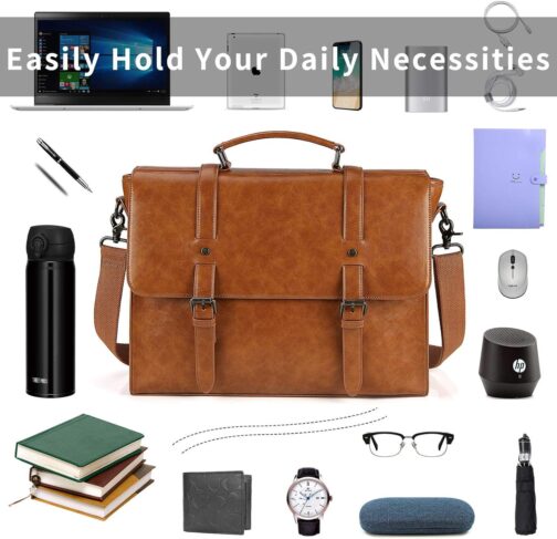 Mens Messenger Bag Vintage 15.6 Inch Waterproof Leather Laptop Briefcase Large Satchel Shoulder Bag Retro Office College Computer Bag, Brown - Image 3